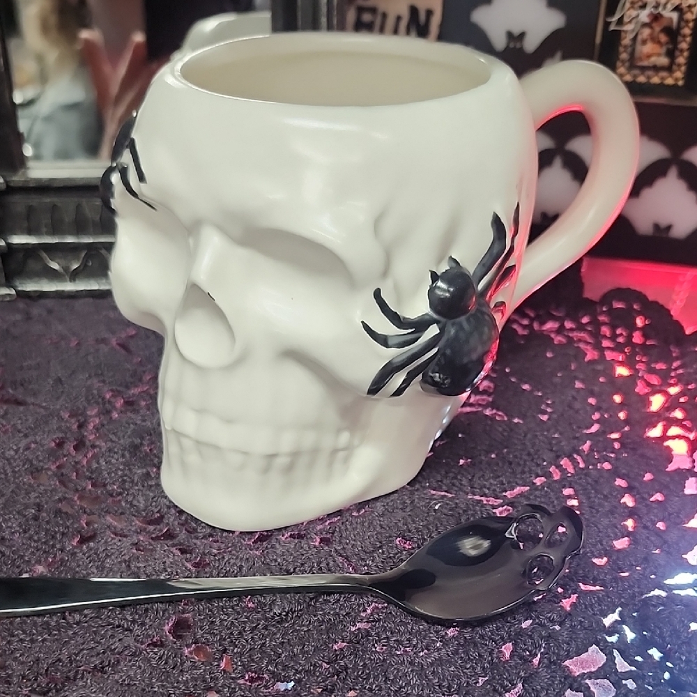 Skull Mug with Spider Design - Black and White And Skull Spoon